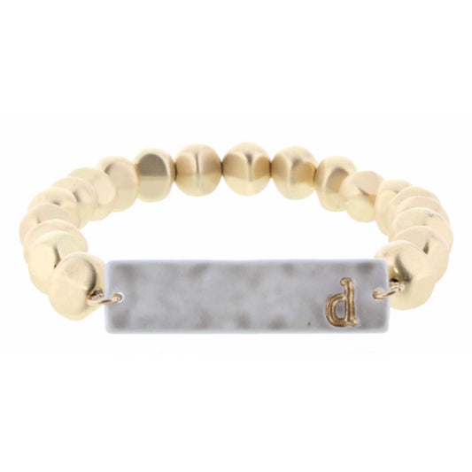 Gold Beaded Stretch, Grey Ceramic Rectangle with "D" Initial Bracelet