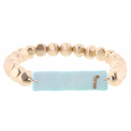 Gold Beaded Stretch, Mint Ceramic Rectangle with "F" Initial Bracelet