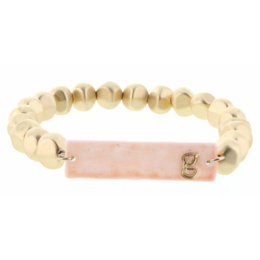 Gold Beaded Stretch, Pink Ceramic Rectangle with "G" Initial Bracelet