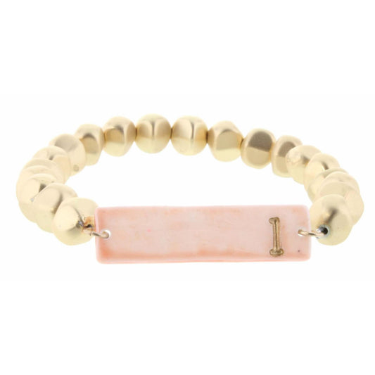 Gold Beaded Stretch, Pink Ceramic Rectangle with "L" Initial Bracelet