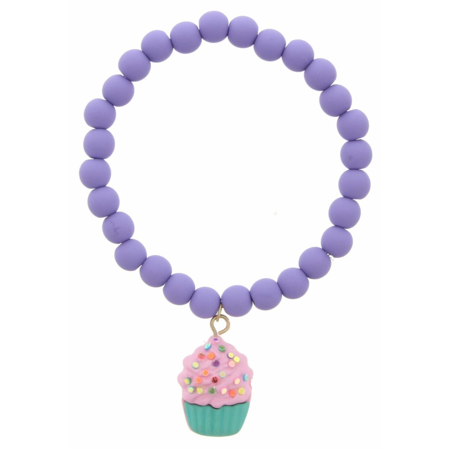 Kids Purple Matte Rubber Beaded Stretch with Polymer Cupcake Bracelet
