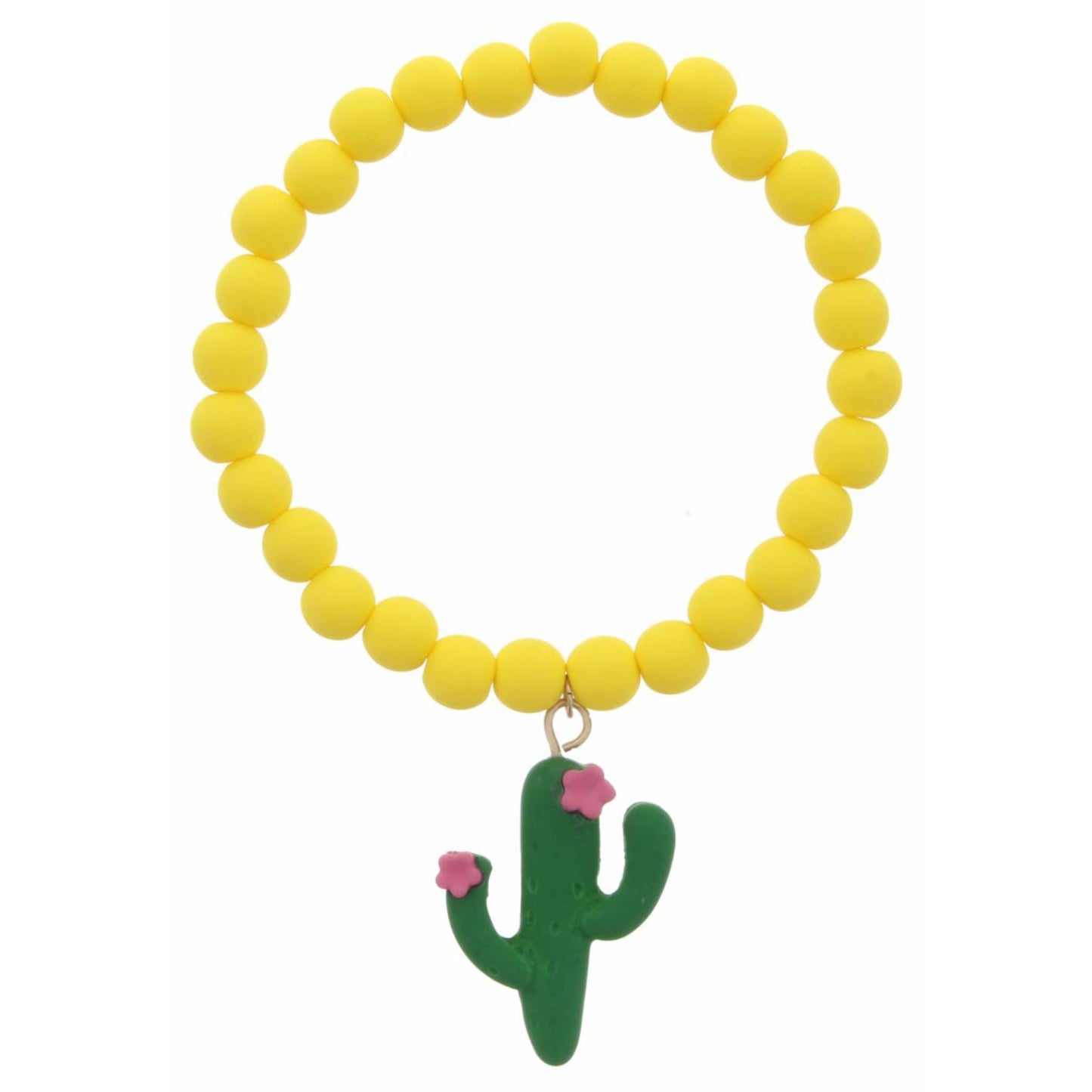 Kids Yellow Matte Rubber Beaded Stretch with Polymer Cactus Bracelet