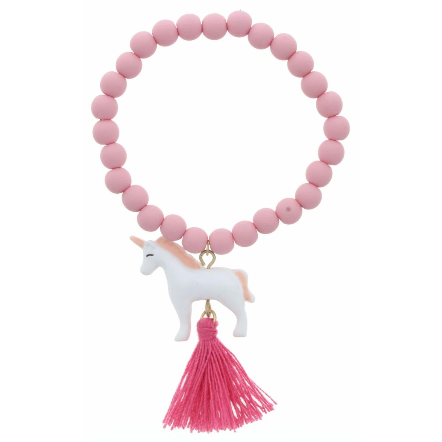 Kids Pink Matte Rubber Beaded Stretch with Polymer Unicorn & Tassel Bracelet