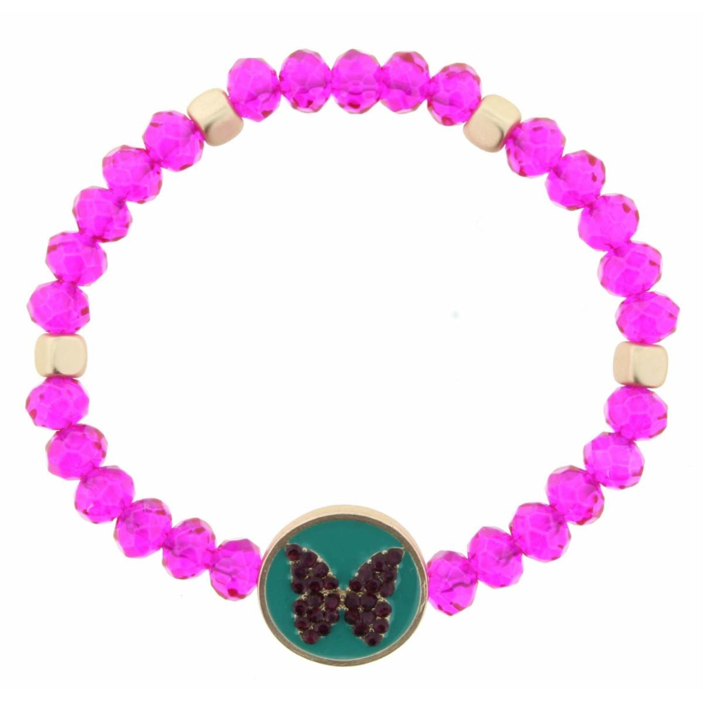 Kids Hot Pink Beaded Stretch Crystal Butterfly on Teal Enamel Circle Bracelet