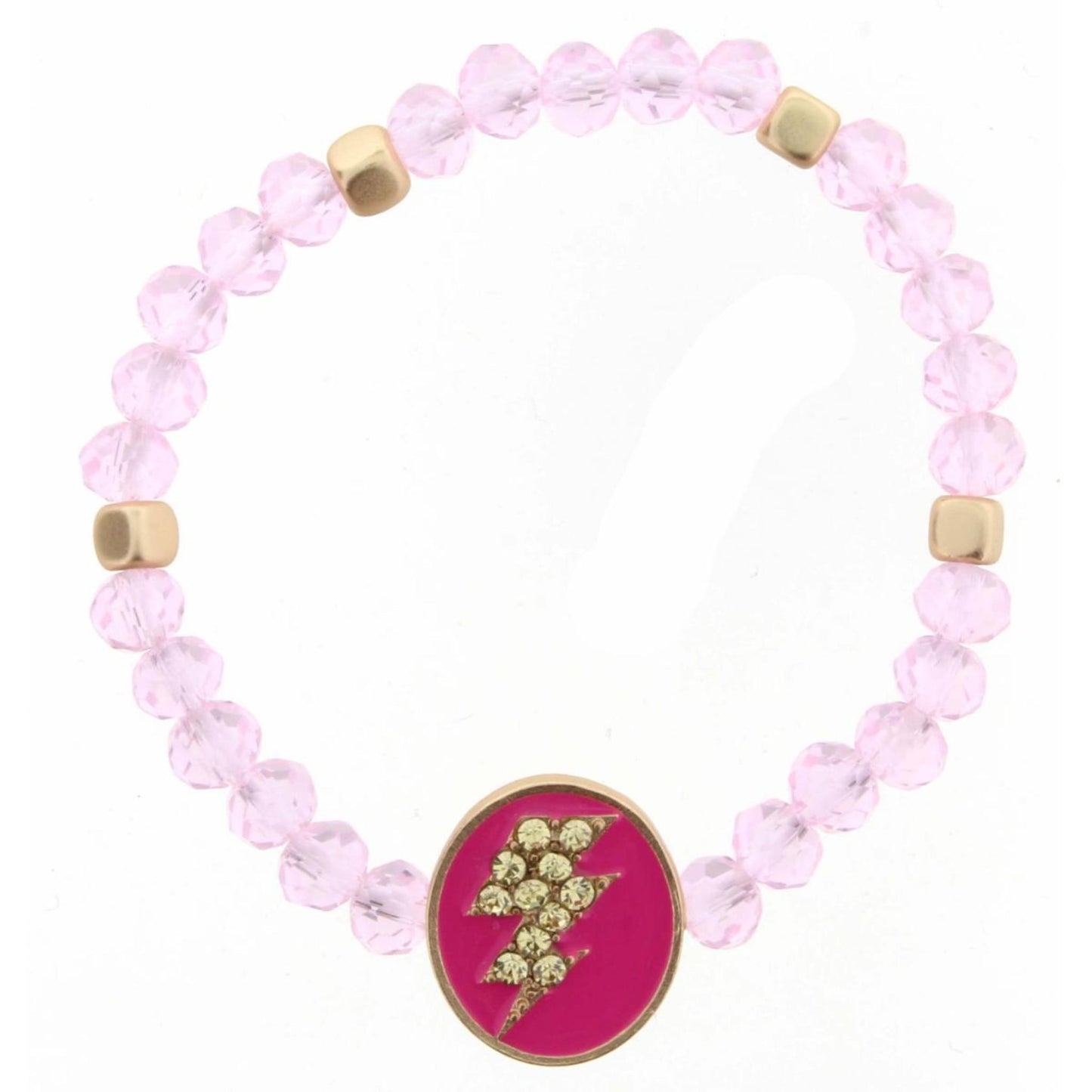 Kids Light Pink Beaded Stretch Crystal Lightning Bolt on Pink Enamel Oval Bracelet