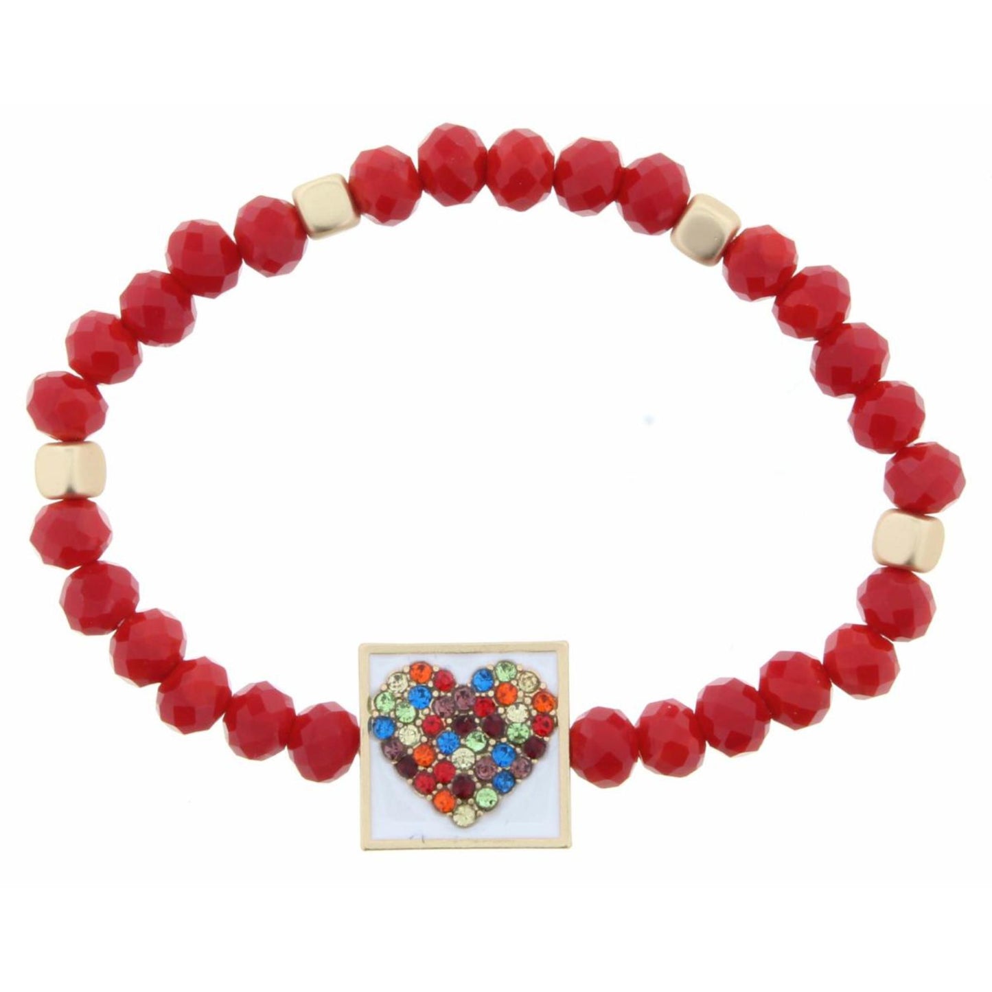Kids Red Beaded Stretch Crystal Heart on White Enamel Square Bracelet