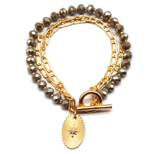 3 Strand Greige Beaded, 2 Gold Chains with Star with Crystal Oval Toggle Bracelet