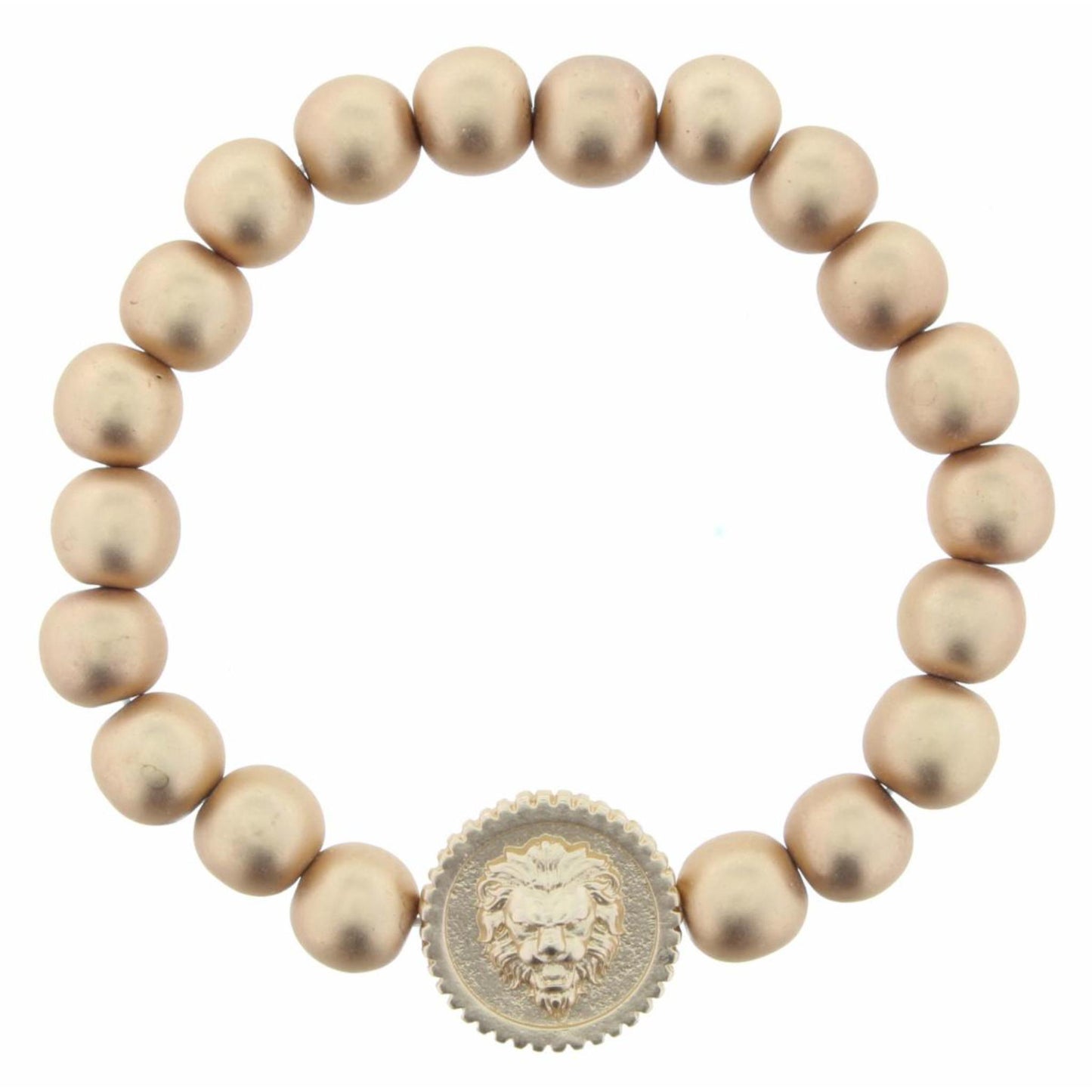 Gold Beaded Stretch with Lion Head Circle Charm Bracelet