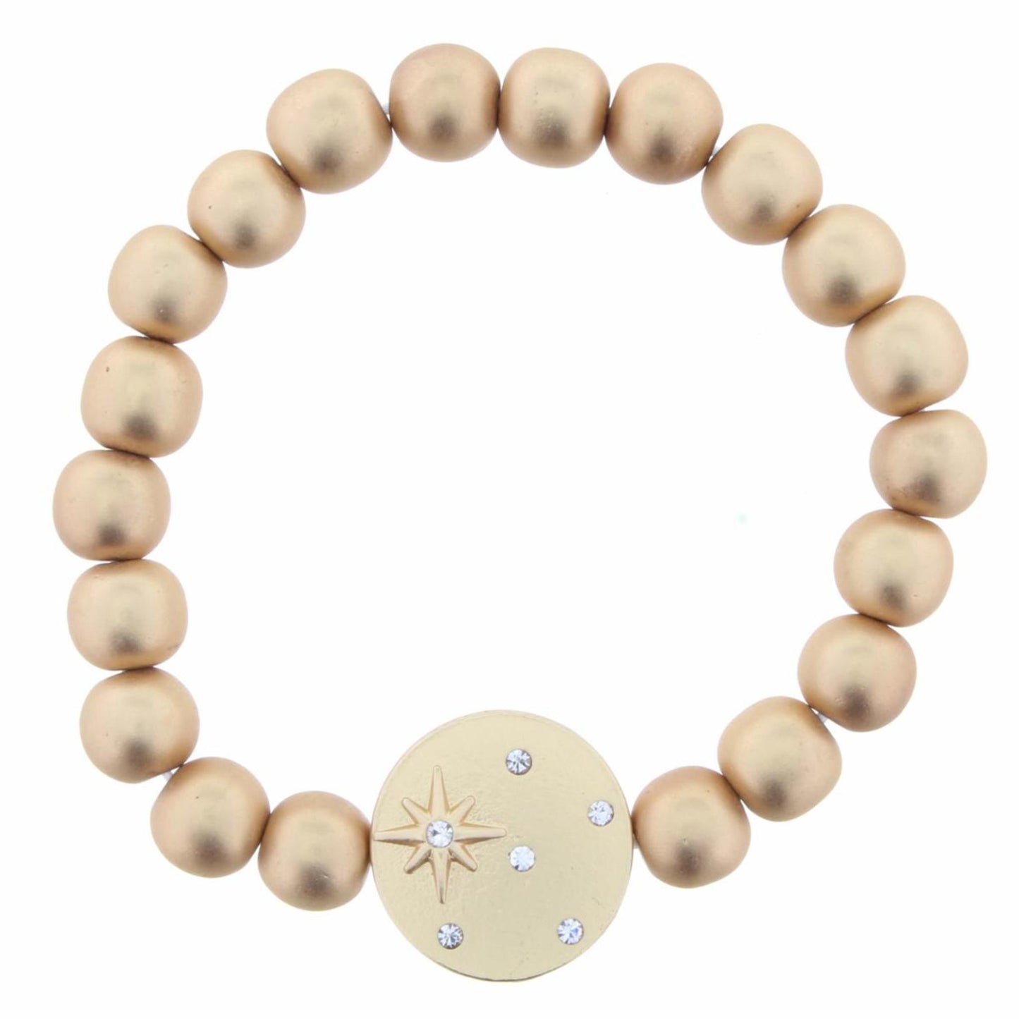 Gold Beaded Stretch with Crystal Center Star with Crystal Accent Star Circle Charm Bracelet