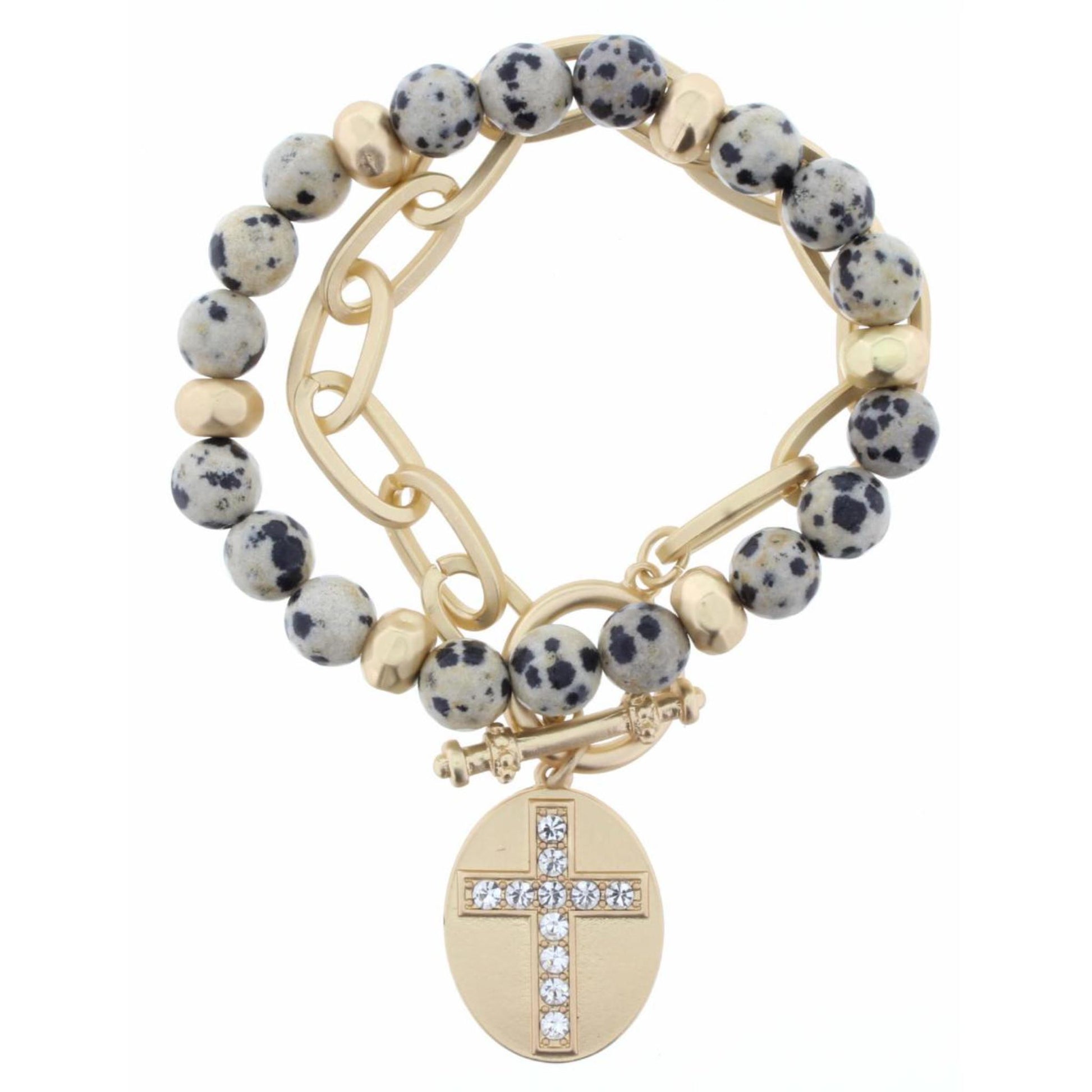 Set of 2, Dalmation Beaded with Gold Chain Link & Crystal Cross on Oval Charm Bracelet