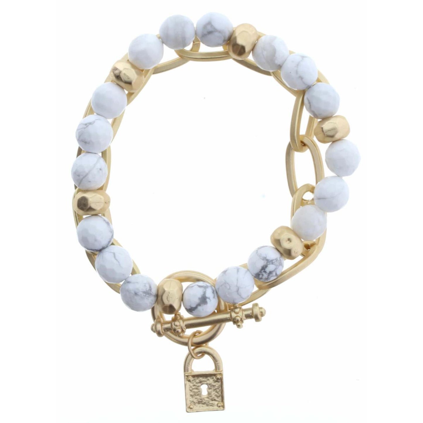 Set of 2, Howlite Beaded with Gold Chain Link & Lock Charm Bracelet