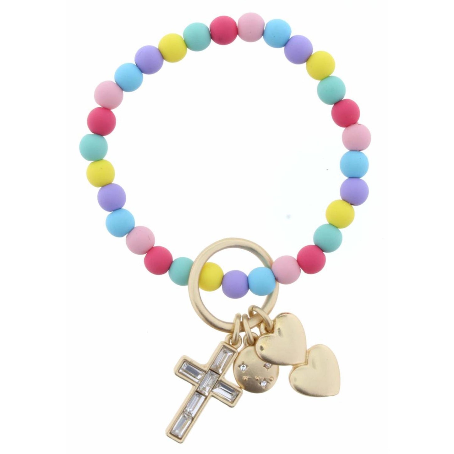 Kids Multi Matte Coated Beaded Stretch with Hearts, Crystal Cross, Star Disk Charms Bracelet