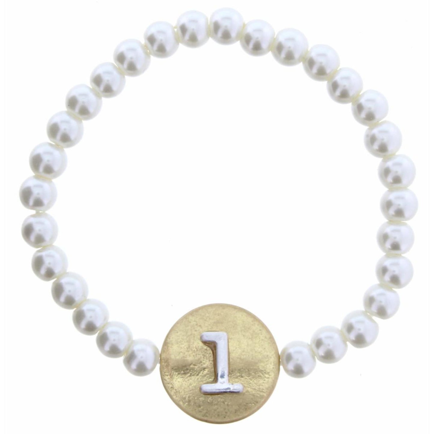Gold "L" Block Initial on Silver Disc and Pearl Strand Bracelet