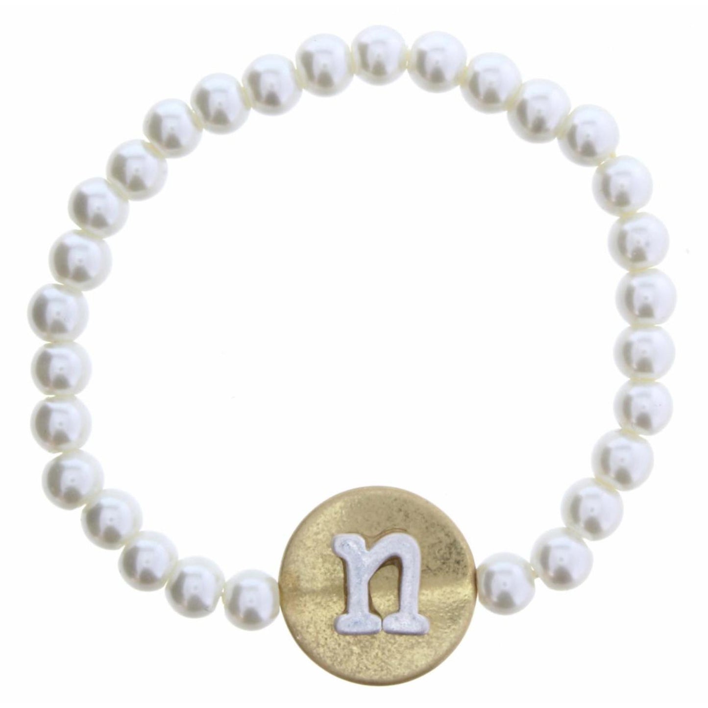 Gold "N" Block Initial on Silver Disc and Pearl Strand Bracelet