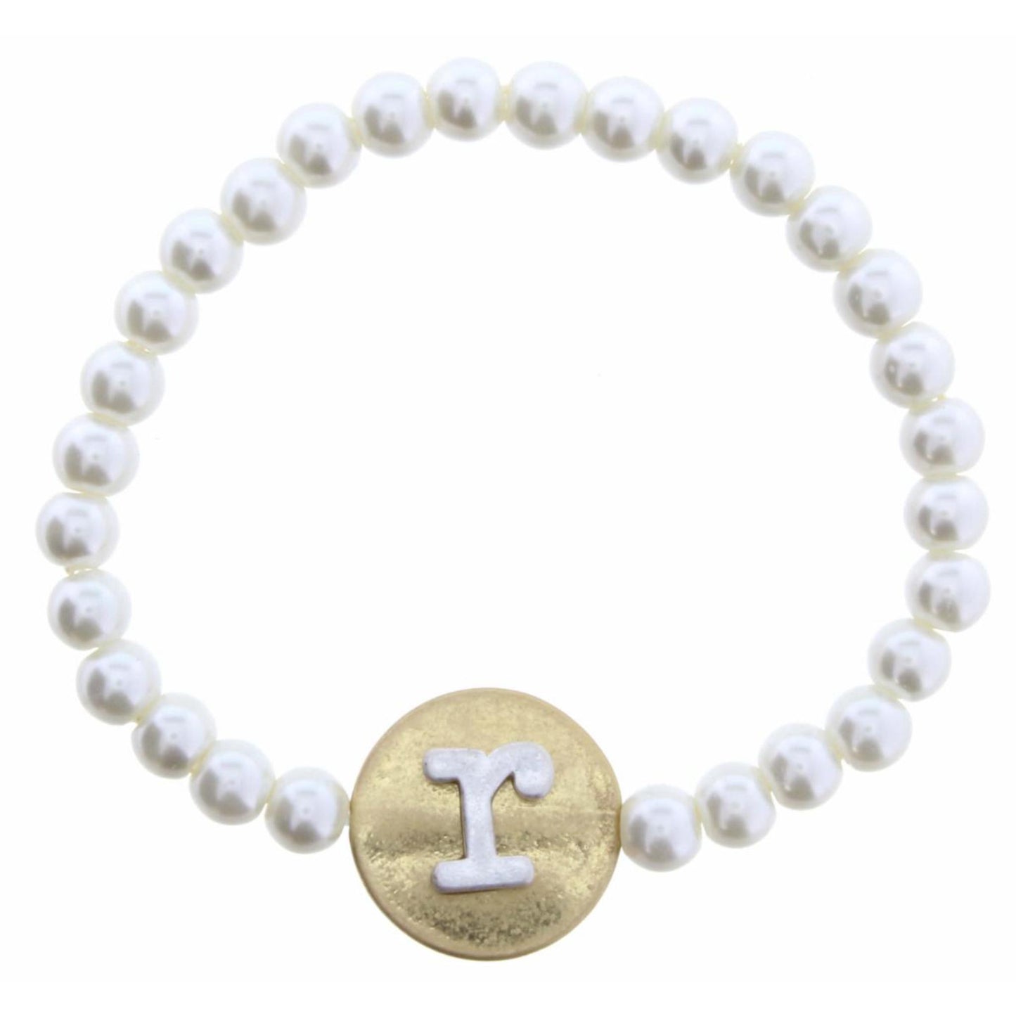 Gold "R" Block Initial on Silver Disc and Pearl Strand Bracelet