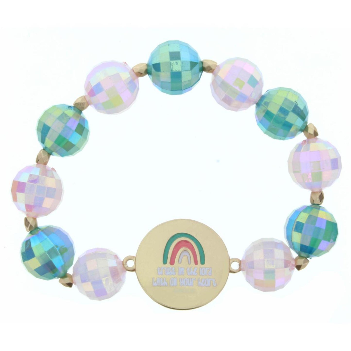 Kids Teal & Pink Large Beaded Stretch Bracelet with "Trust in the Lord with All Your Heart" Proverbs 3:5 Rainbow Disk Bracelet