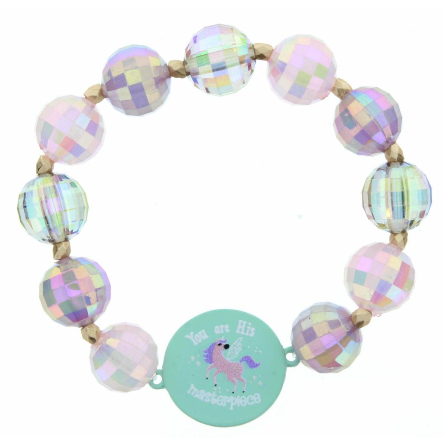 Kids Pink & AB Large Beaded Stretch Bracelet with " You are His Masterpiece" Esphesians 2:10 Unicorn Disk Bracelet