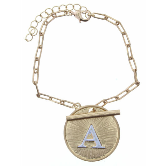 2-Tone "A" Initial Toggle Disc with Gold Chain Link Bracelet, 2" Ext.