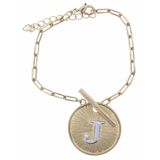 2-Tone "J" Initial Toggle Disc with Gold Chain Link Bracelet, 2" Ext.