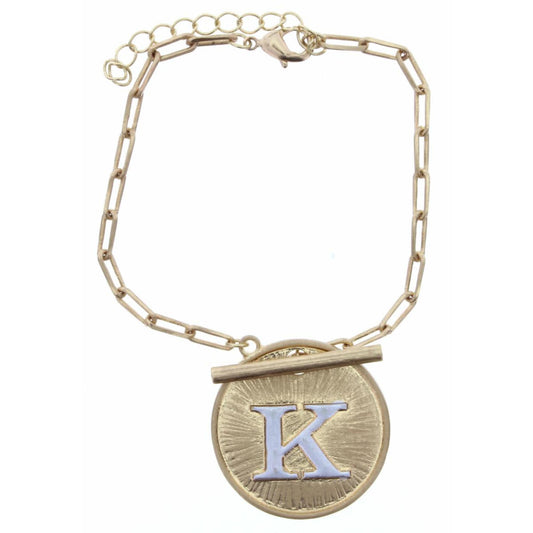 2-Tone "K" Initial Toggle Disc with Gold Chain Link Bracelet, 2" Ext.