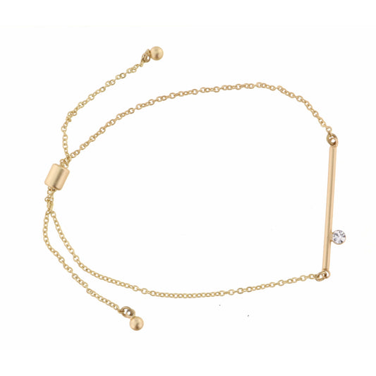 Small, Straight Bar with Clear Circle Drop on Gold Chain Bracelet