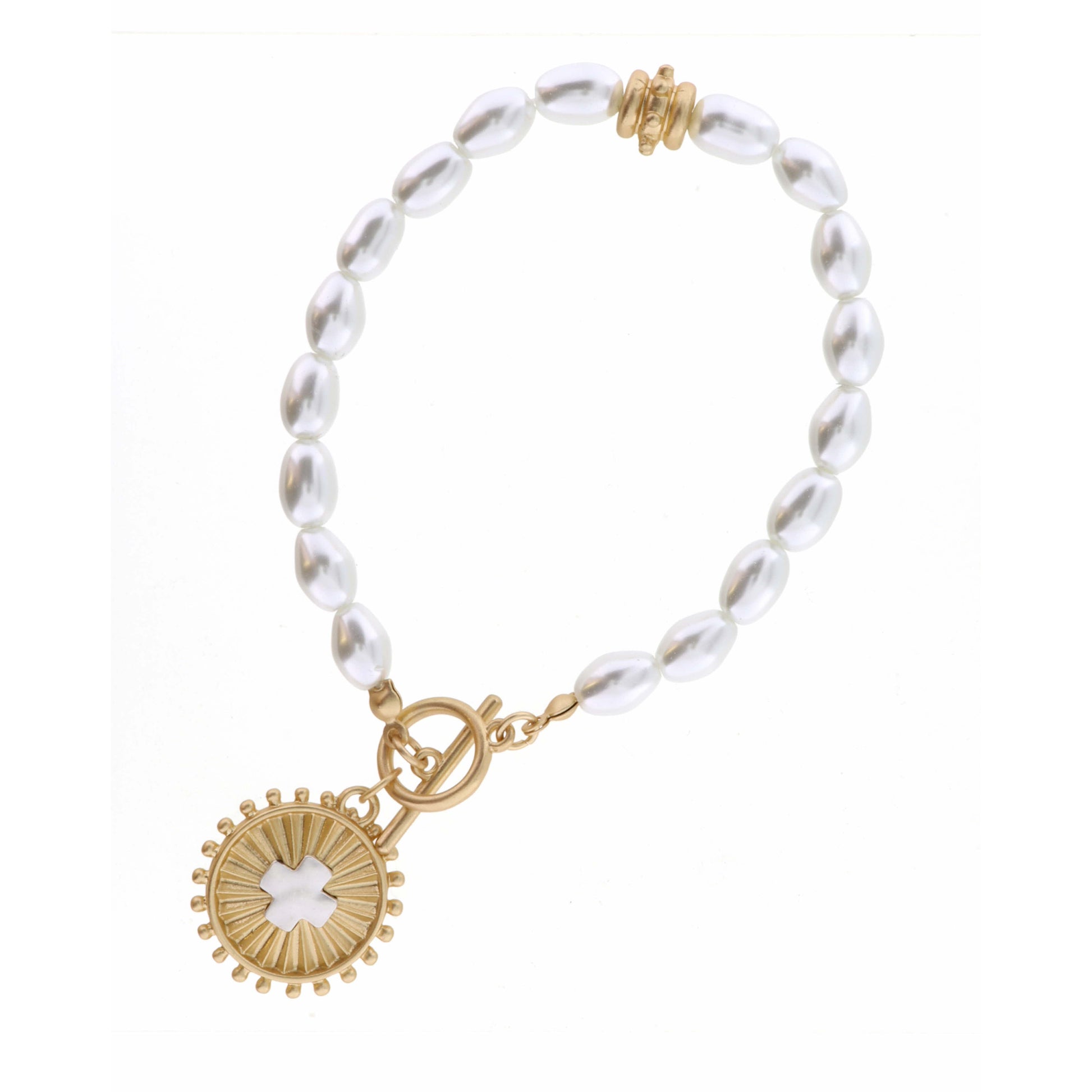 Textured Gold Circle with Silver Cross on Pearl Bracelet