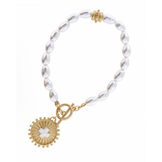 Textured Gold Circle with Silver Cross on Pearl Bracelet
