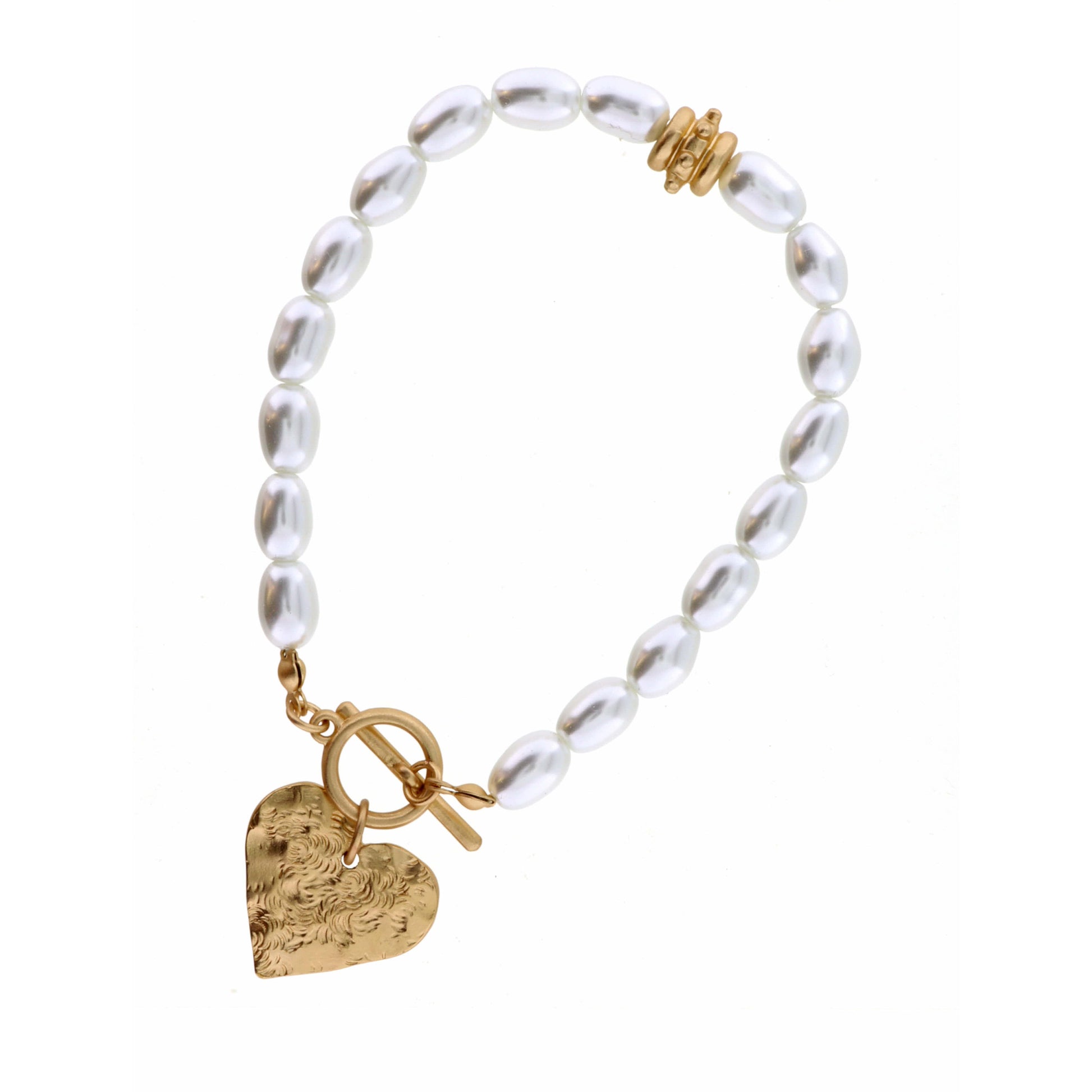 Textured Gold Heart on Pearl Bracelet