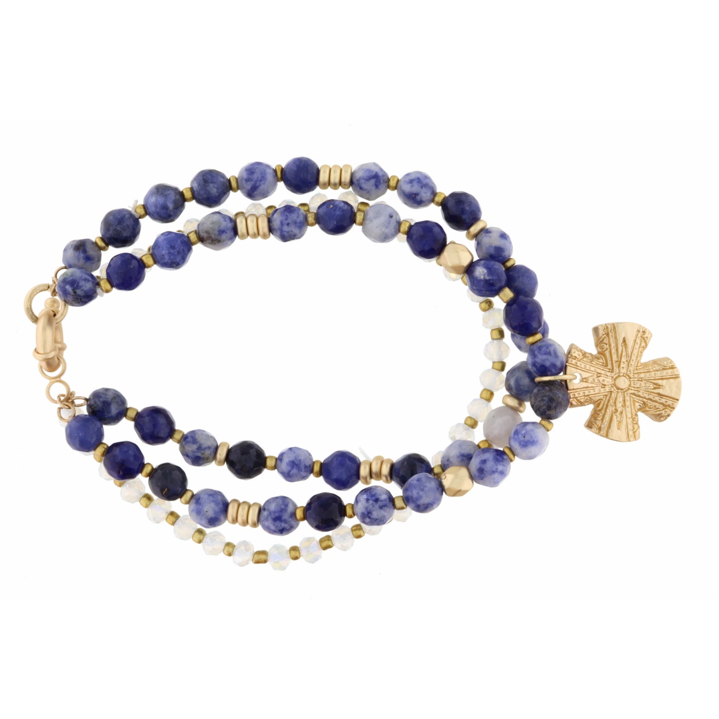 Set of 3, White & Blue Jasper Beads with Gold Textured Cross Bracelet