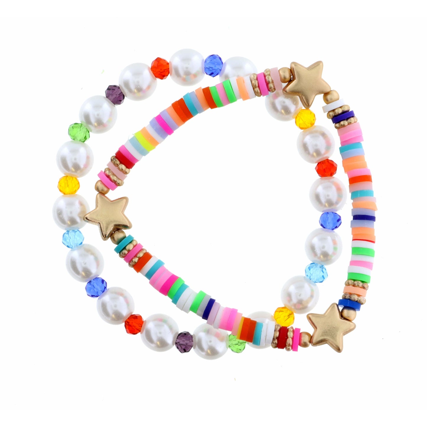 Kids Set of 2, Pearl, Multi Rubber Disk with Stars Bracelet