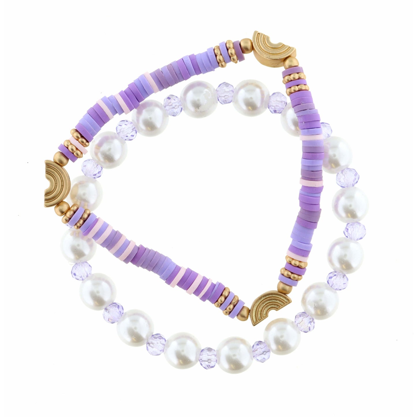 Kids Set of 2, Pearl, Lavender Rubber Disk with Rainbows Bracelet