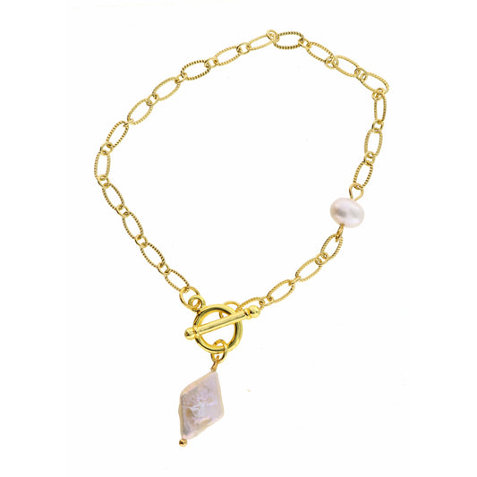 Pearl Diamond with Toggle on Gold Chain with Faceted Pearl Bracelet