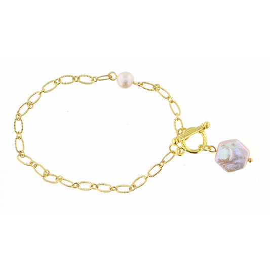 Pearl Hexagon with Toggle on Gold Chain with Faceted Pearl Bracelet