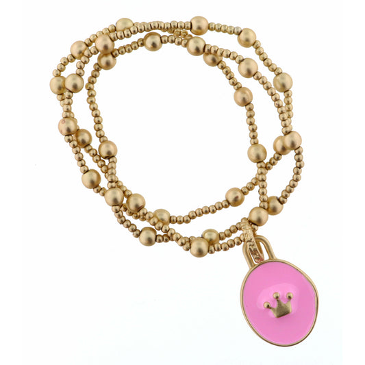 Kids Set of 3, Gold Beaded Stretch, Light Pink Circle with Crown Bracelet