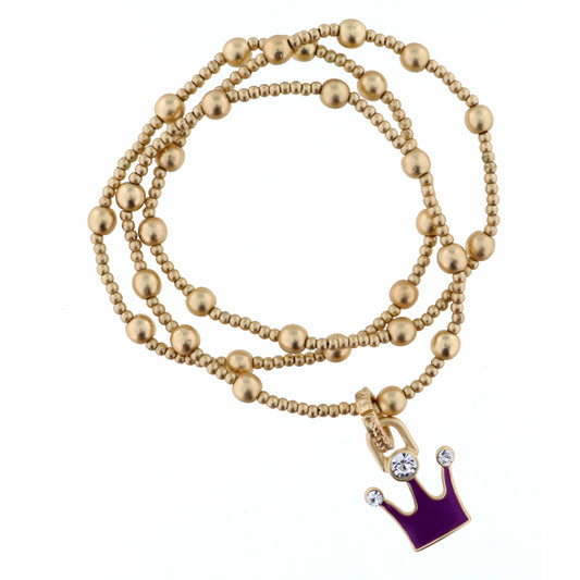 Kids Set of 3, Gold Beaded Stretch, Purple Crown with Crystal Bracelet