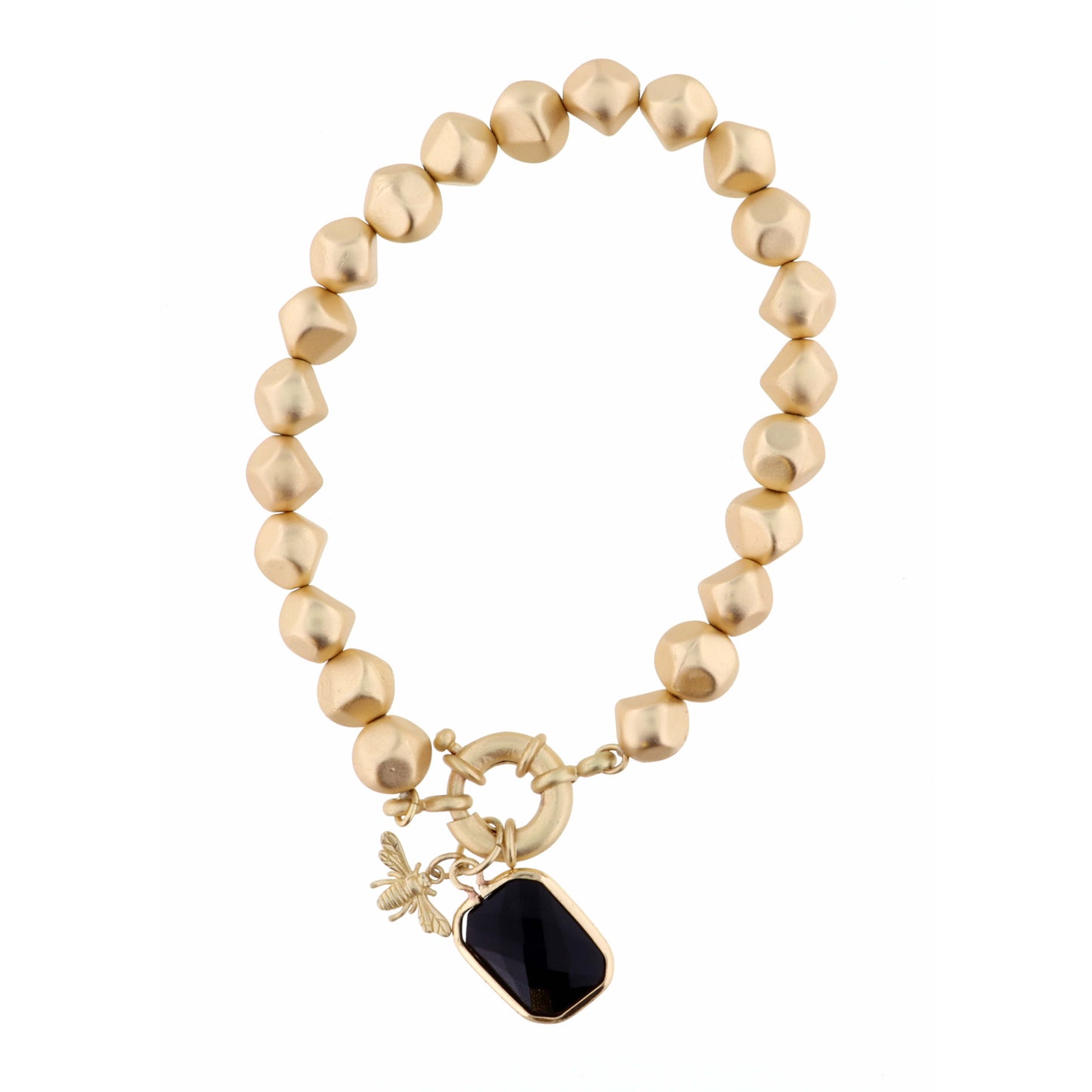 Jet Rounded Rectangle with Bee Charm on Gold Beaded Strand Bracelet