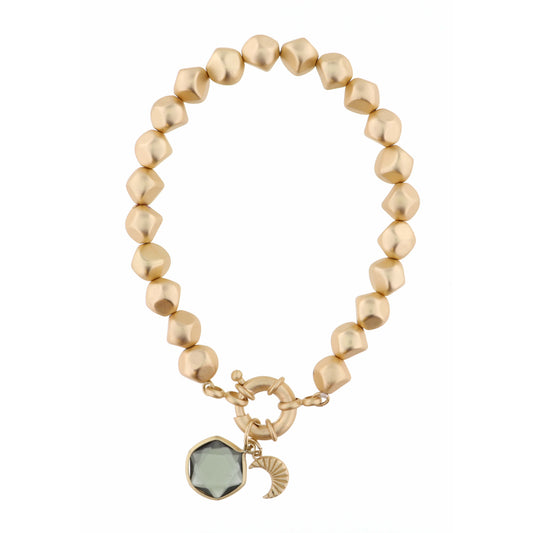 Smokey Hexagon with Moon Charm on Gold Beaded Strand Bracelet