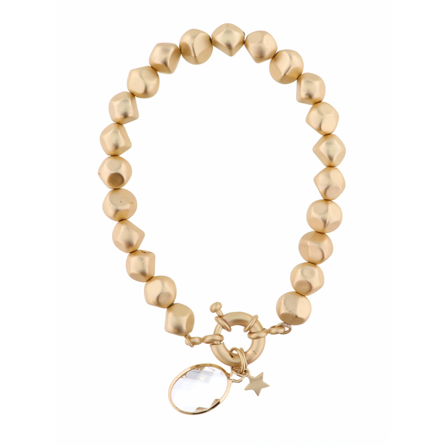 Clear Oval with Star Charm on Gold Beaded Strand Bracelet