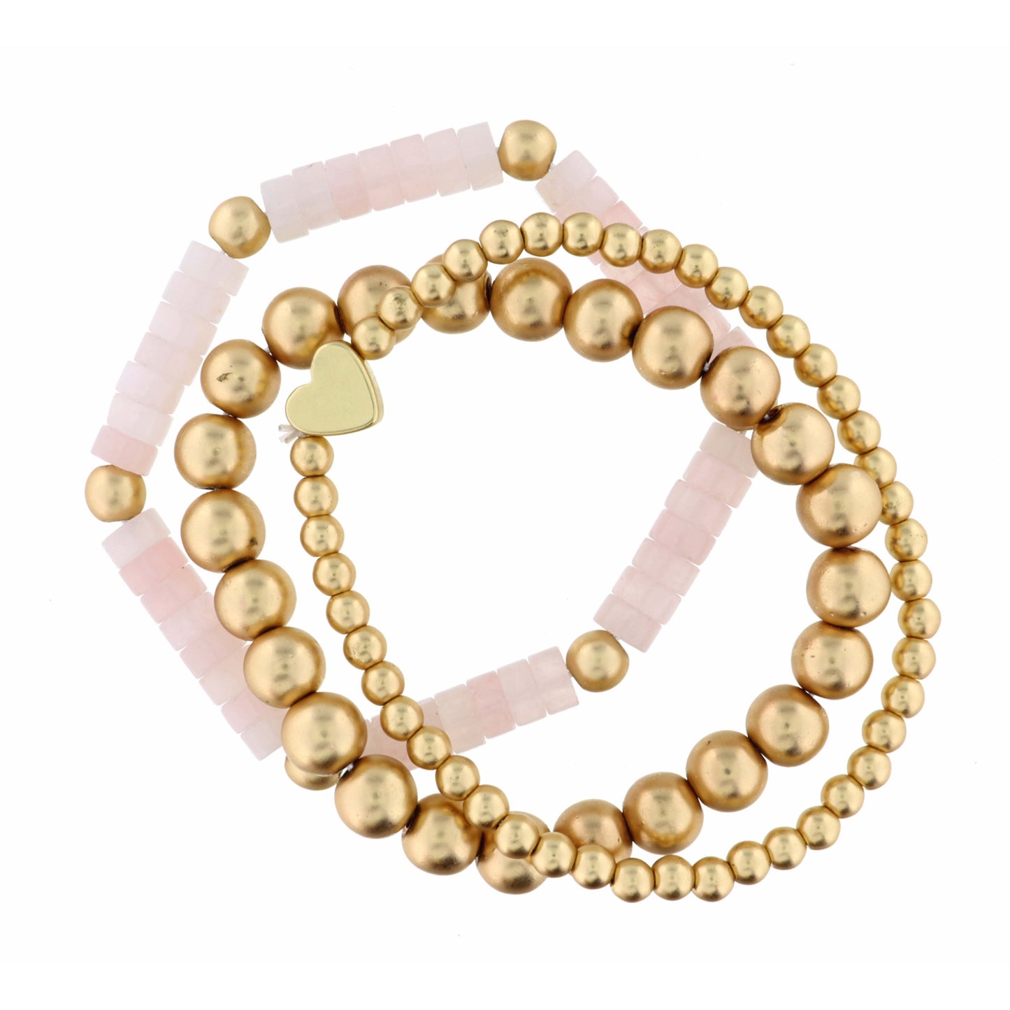 Set of 3, Light Pink, Matte Gold Bead, and Heart Icon Bracelet