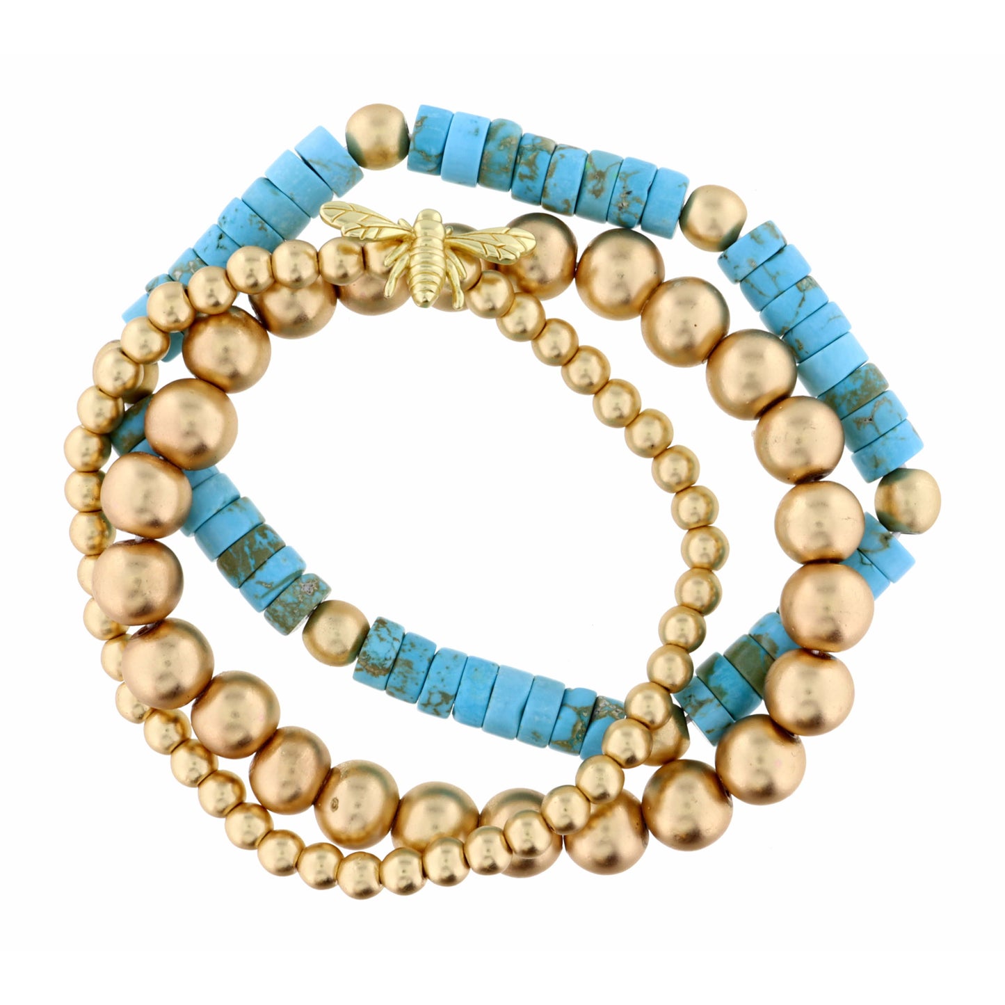 Set of 3, Turquoise, Matte Gold Bead, and Bee Icon Bracelet