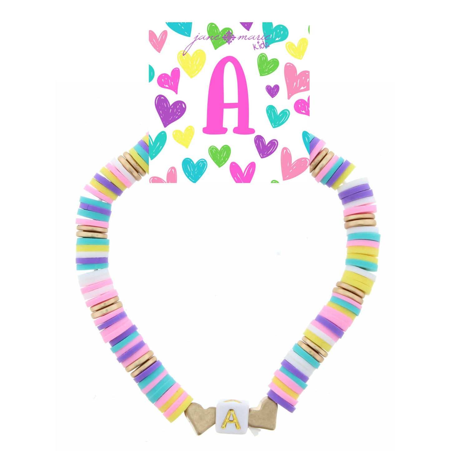 Kids Multi Rubber Disk Beaded Stretch with White Block "A" Initial Bracelet