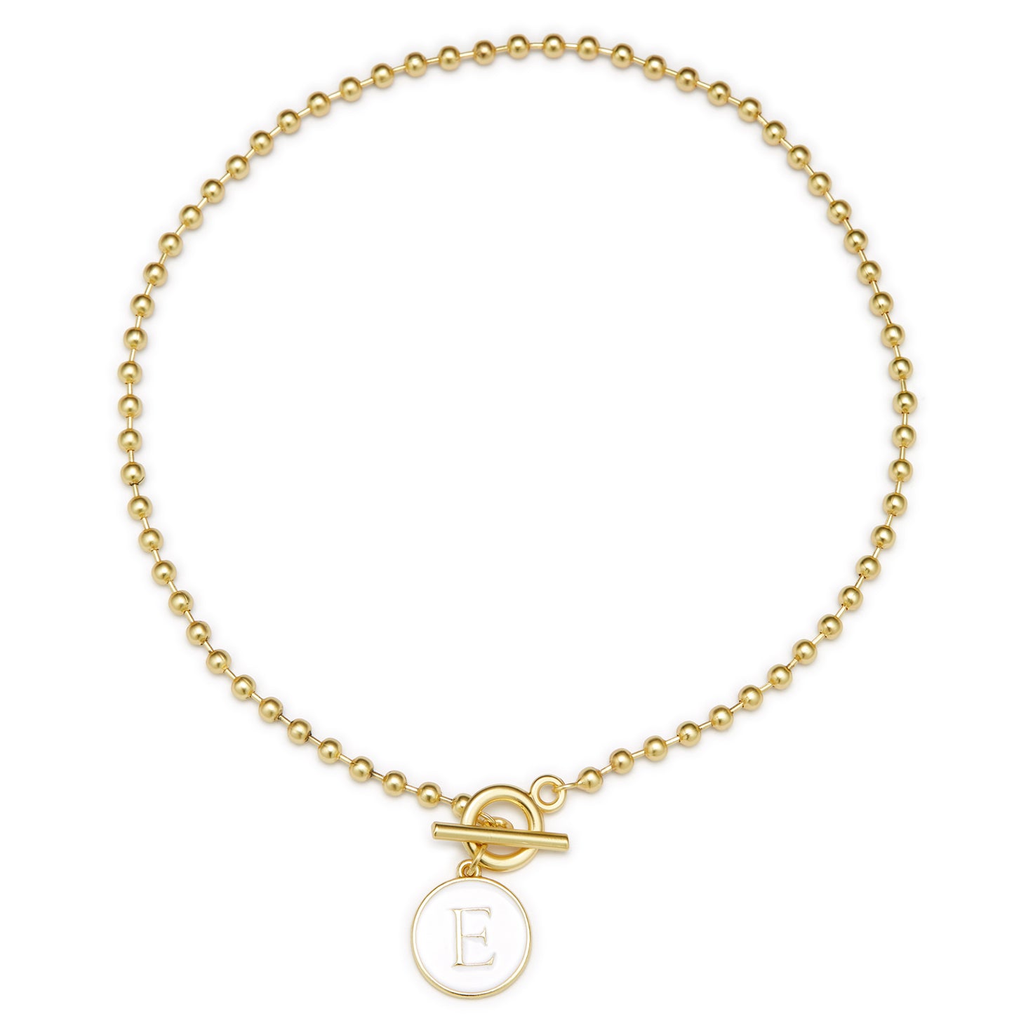 White Epoxy "E" Initial on Bead Chain with Toggle Bracelet