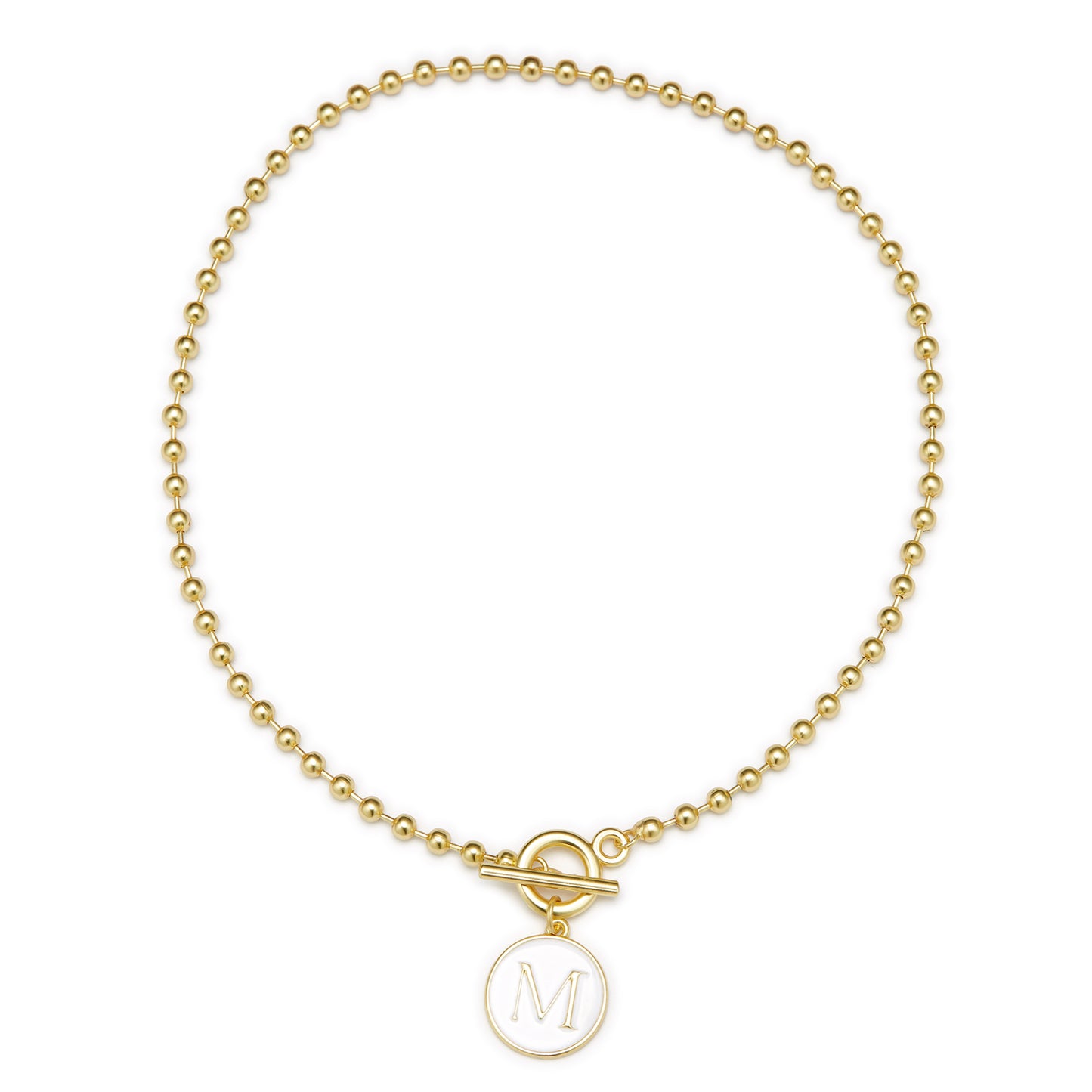 White Epoxy "M" Initial on Bead Chain with Toggle Bracelet