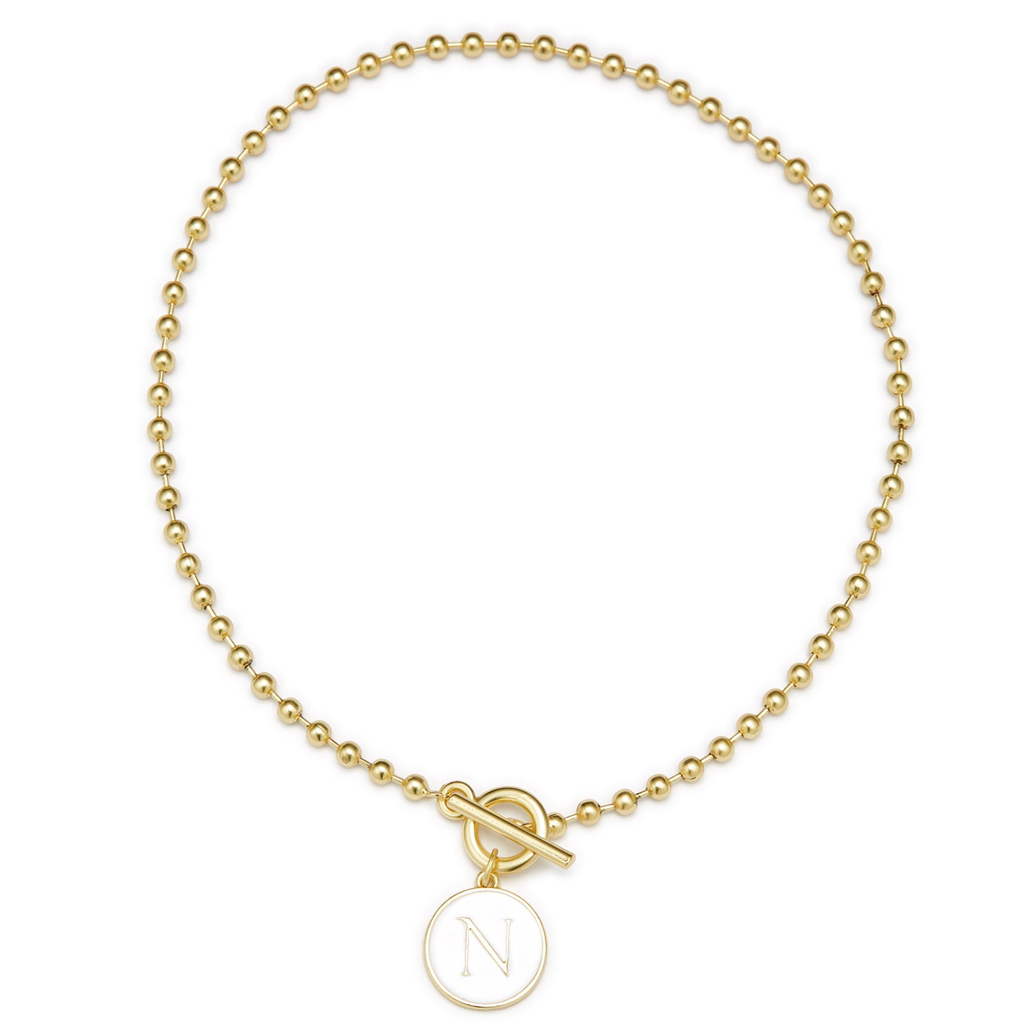 White Epoxy "N" Initial on Bead Chain with Toggle Bracelet