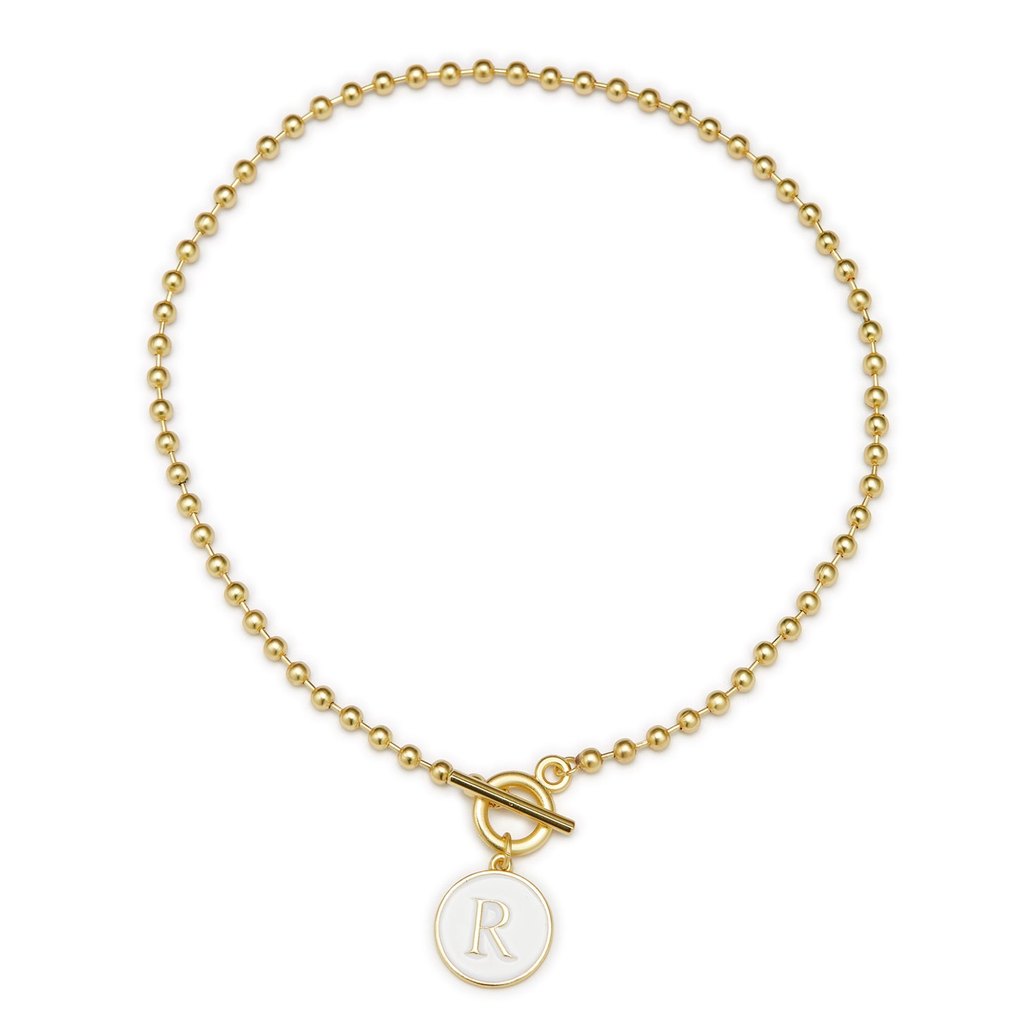 White Epoxy "R" Initial on Bead Chain with Toggle Bracelet