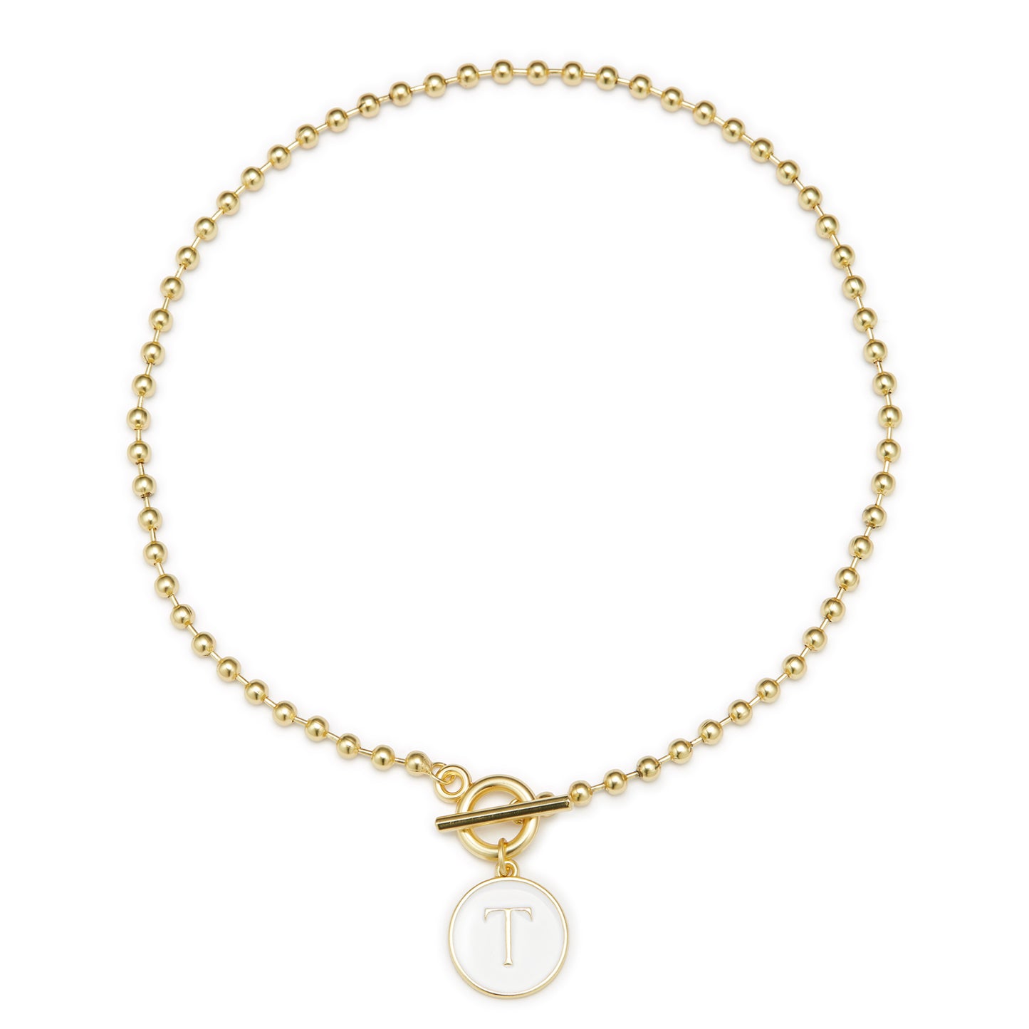 White Epoxy "T" Initial on Bead Chain with Toggle Bracelet