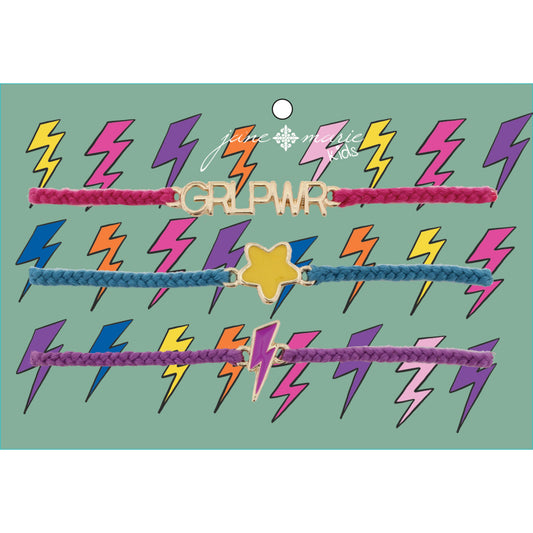 Kids Set of 3, Pink "GRLPWR", Teal Star, Purple Lightening Bolt Bracelet