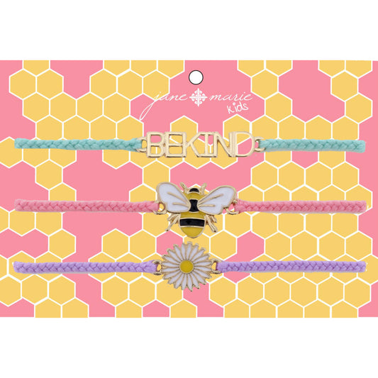 Kids Set of 3, Mint "Be Kind" , Pink Bee, Lavender Flower Bracelet