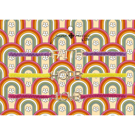 Kids Set of 3, Purple "Faith", Yellow "Hope", Pink "Love" Bracelet