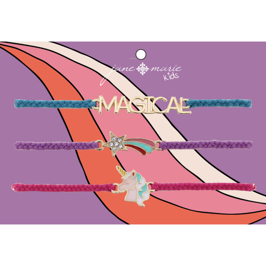 Kids Set of 3, Teal "Magical", Purple Shooting Star, Pink Unicorn Bracelet